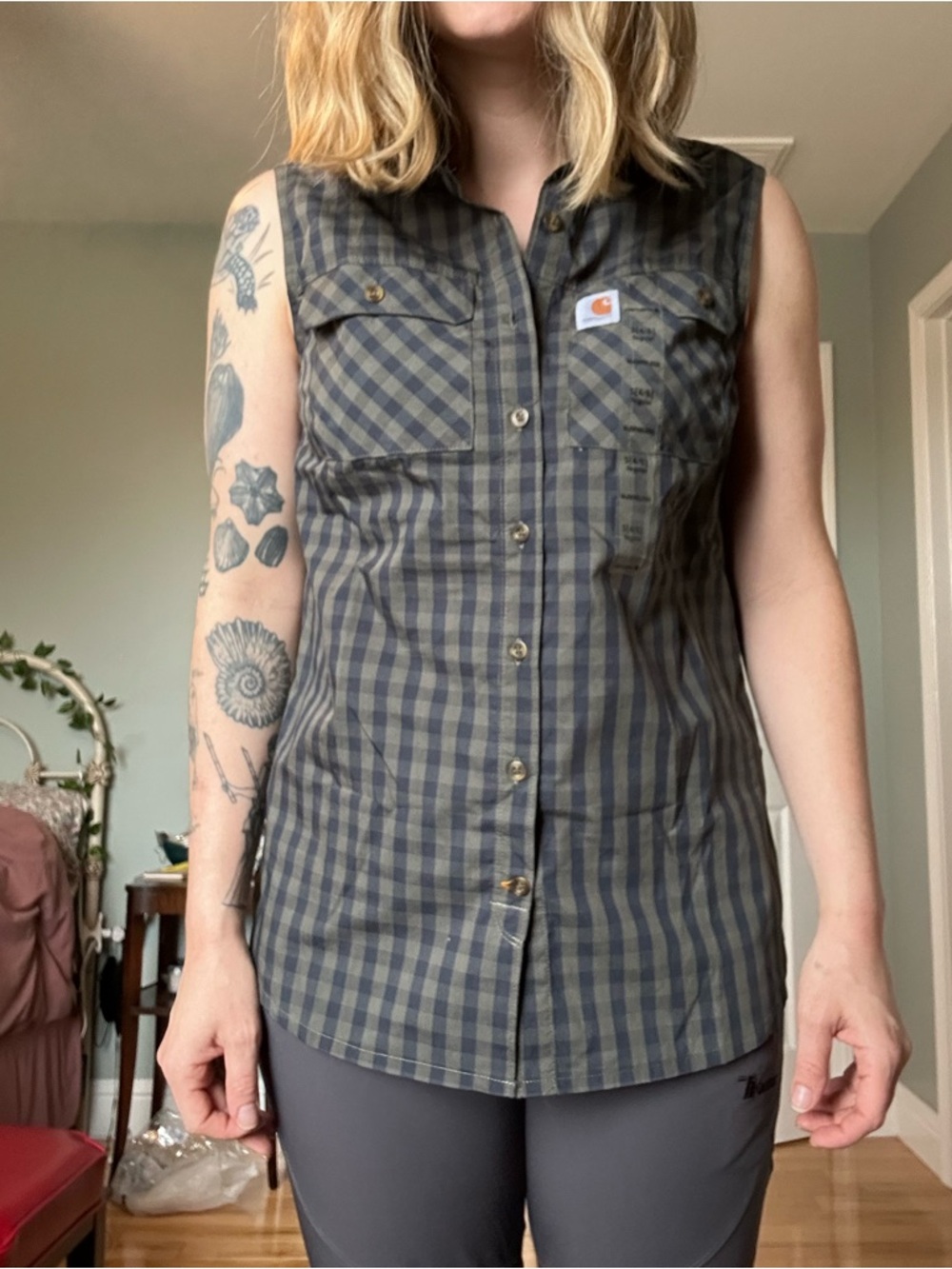 Carhartt Blue and Green Plaid Sleeveless Work Shirt